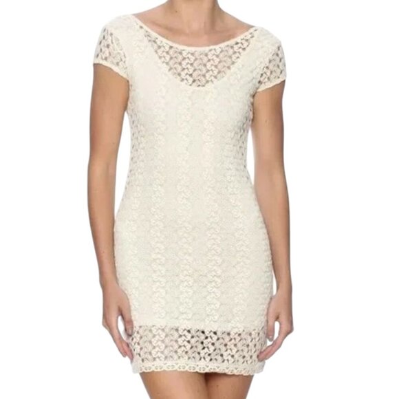Free People Cap Sleeve Gypsy Crochet Eyelet Lace Dress Women M Cream Y2K Fairy - Picture 1 of 10
